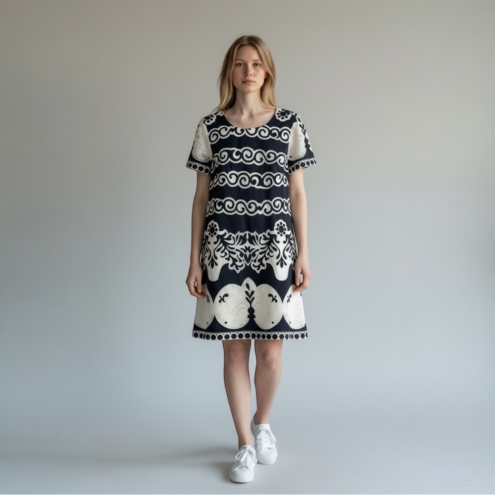 J. Crew Ornate Lace Shift Dress Patterned Navy/White Size 8